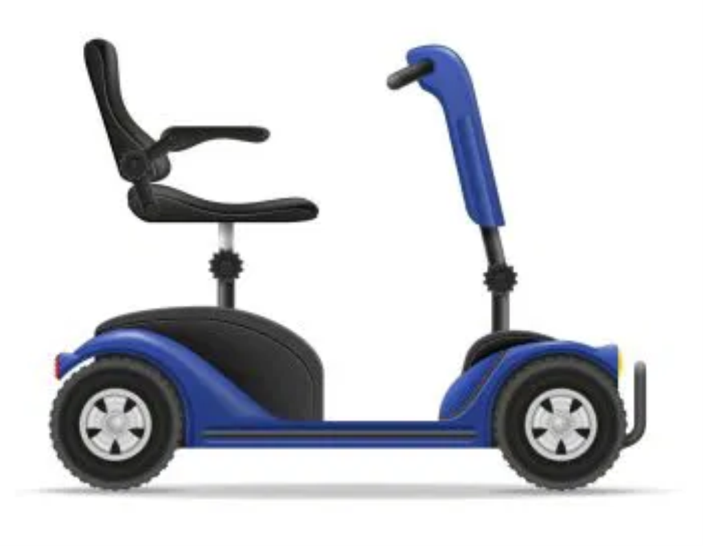 A side-on image of a generic, blue-coloured battery-powered mobility scooter 